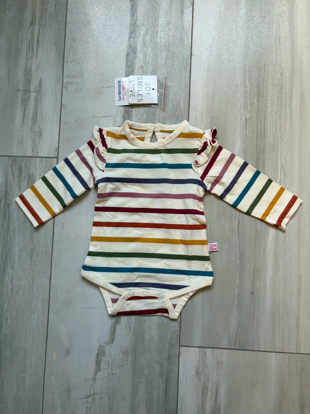 NWT RuffleButts Basics Harvest Rainbow Stripe Flutter Ruffle Bodysuit Girls 0-3M